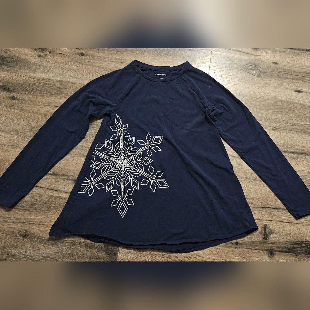 Lands' End Navy Long-Sleeve Top with White Snowflake
